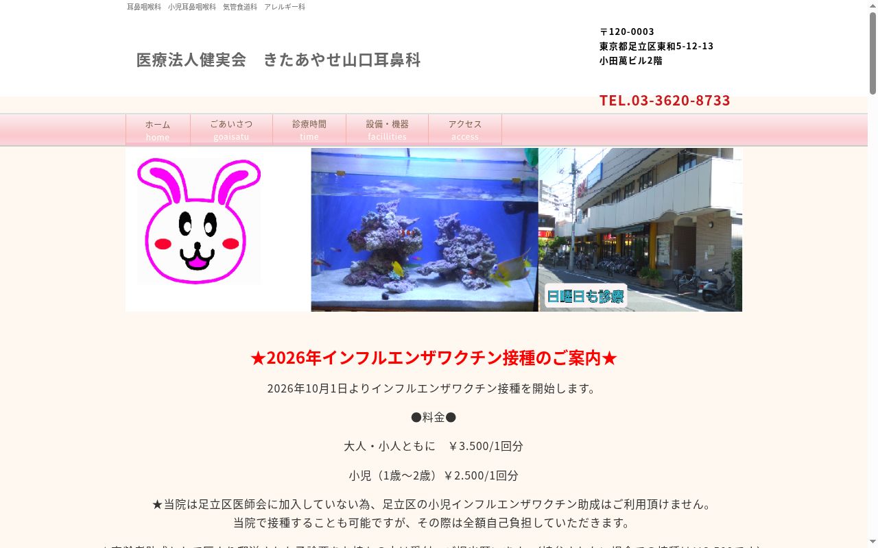 医療法人社団健実会　きたあやせ山口耳鼻科の公式サイトのスクリーンショット