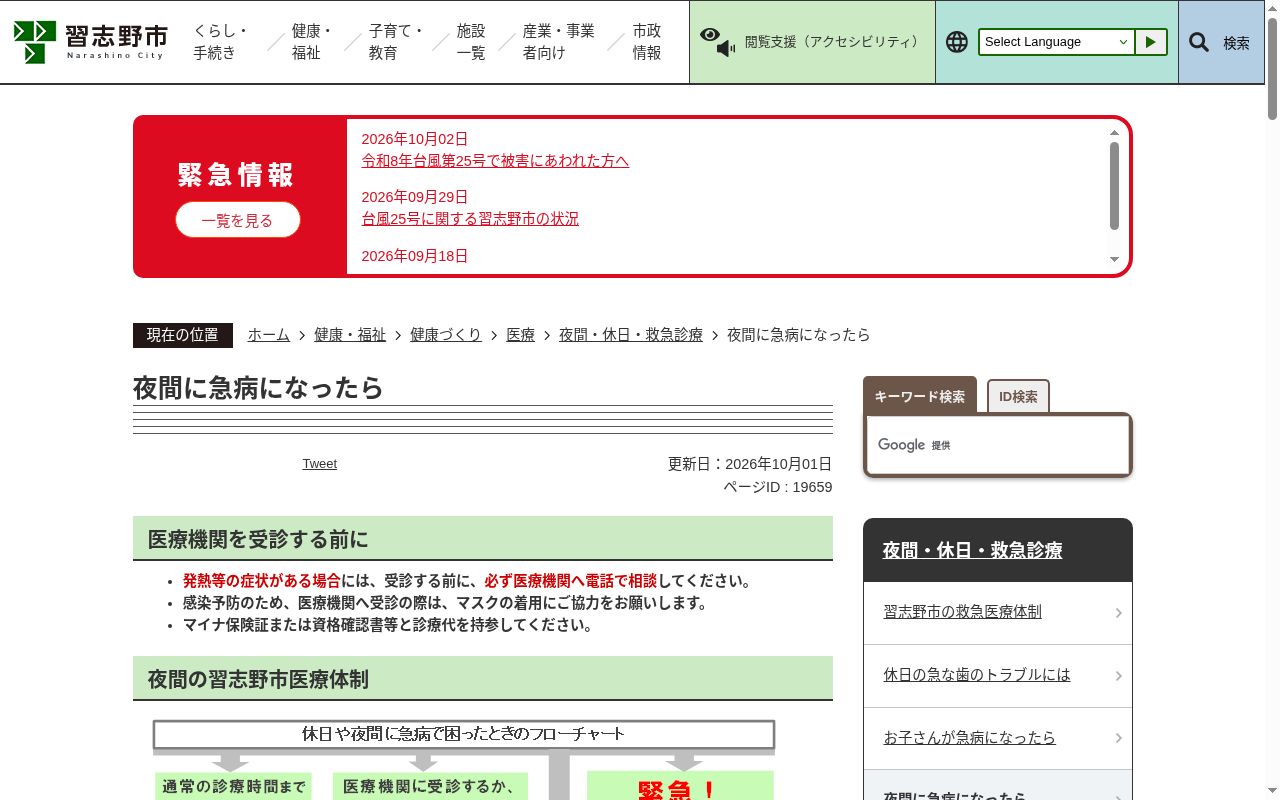 習志野市急病診療所の公式サイトのスクリーンショット